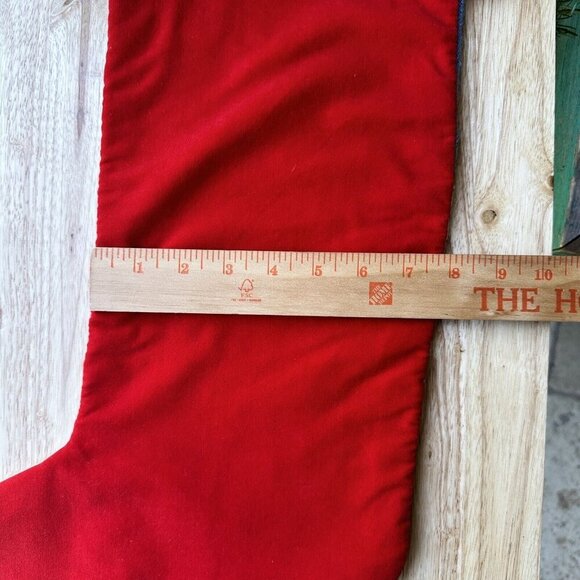 Vintage Wool Needlepoint Christmas Stocking Santa Toys Red Velvet Back Sz 18" L - Picture 8 of 9